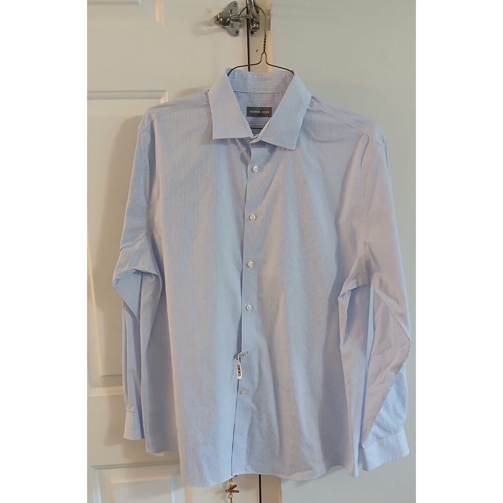 Michael Kors Men’s Dress Shirt 17 34/35 Blue White Stripe Regular Fit Non Iron